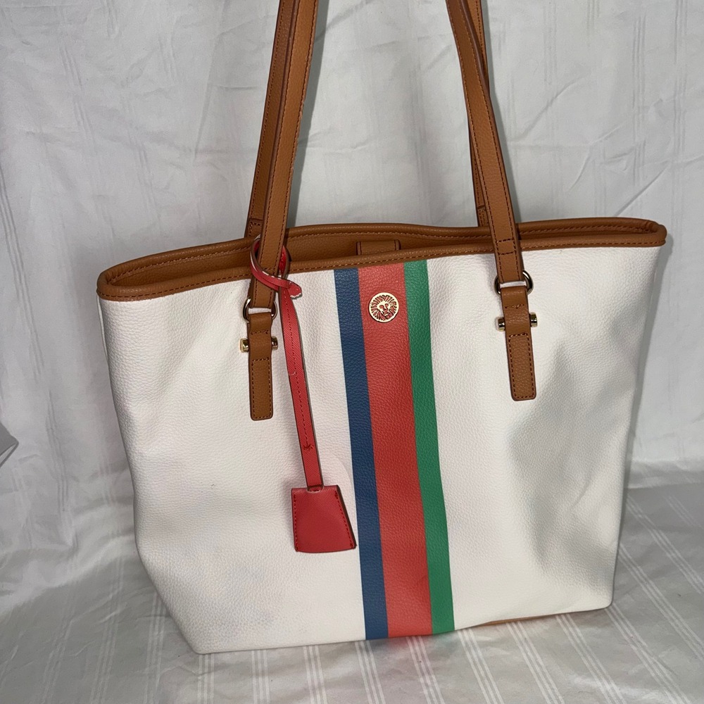 Anne Klein White Stripe Tote Bag Large Faux Leather‎ Shoulder Purse Multicolor